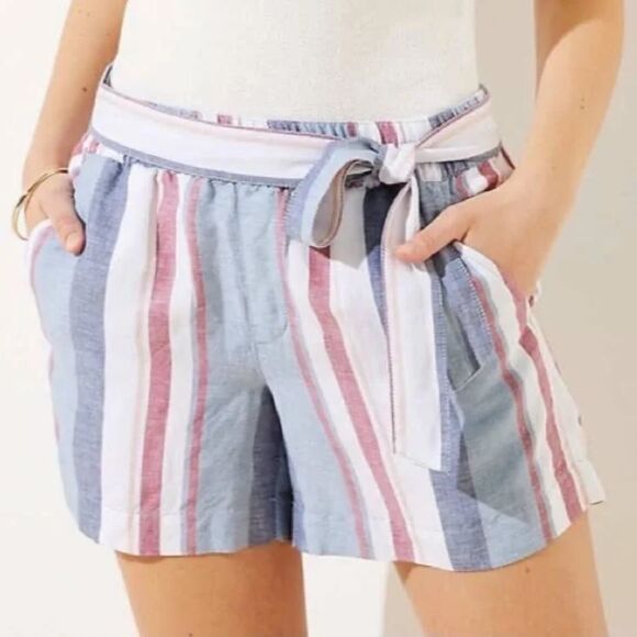 LOFT Linen Blend Striped Shorts Medium Blue Red White Elasticβ Waist Casual - Picture 1 of 7